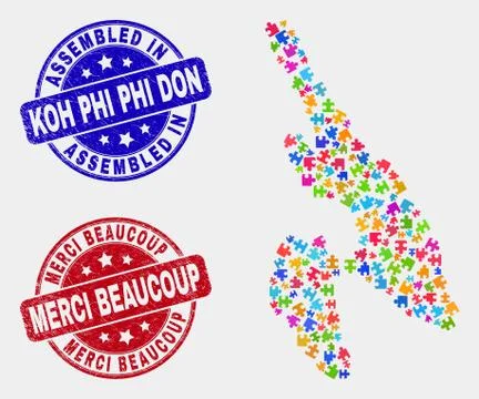 Bundle Koh Phi Don Map and Distress Assembled and Merci Beaucoup Watermarks Stock Illustration