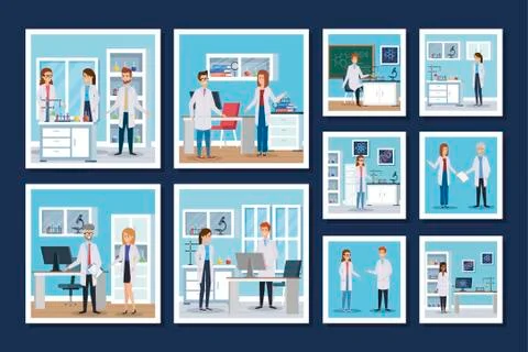Bundle laboratory scenes with group scientific Stock Illustration