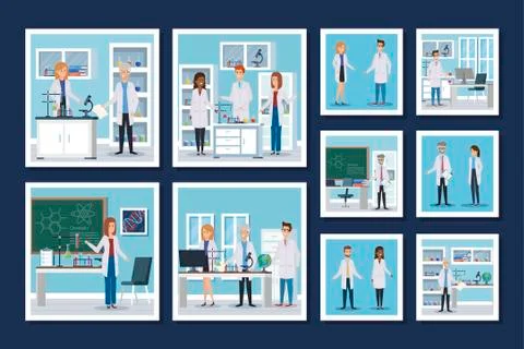 Bundle laboratory scenes with group scientific Illustrazione stock
