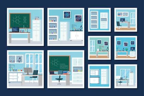 Bundle laboratory scenes with set icons Illustrazione stock