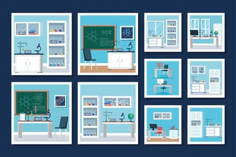 Bundle laboratory scenes with set icons Illustrazione stock