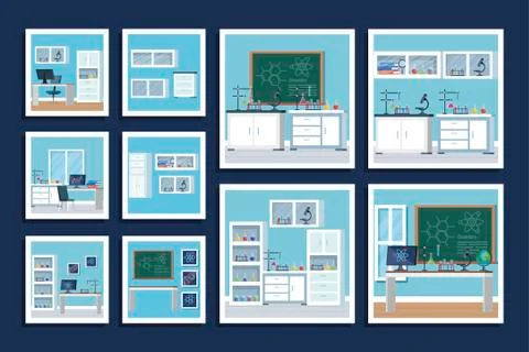 Bundle laboratory scenes with set icons Illustrazione stock