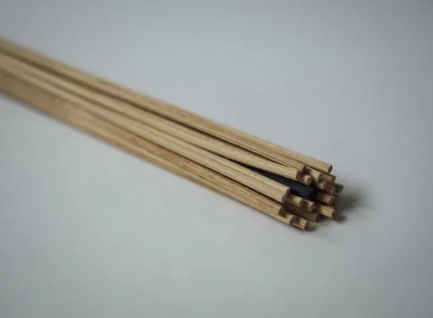 Bundle of light brown diffuser reeds with one black within Stock Photos
