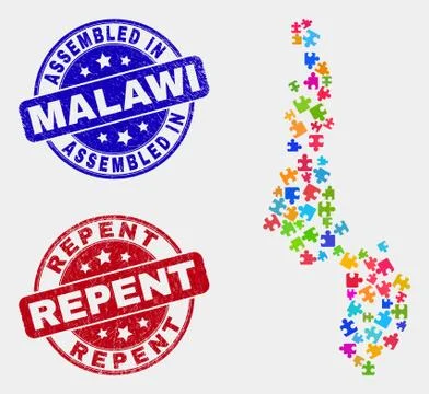 Bundle Malawi Map and Grunge Assembled and Repent Watermarks イラスト素材