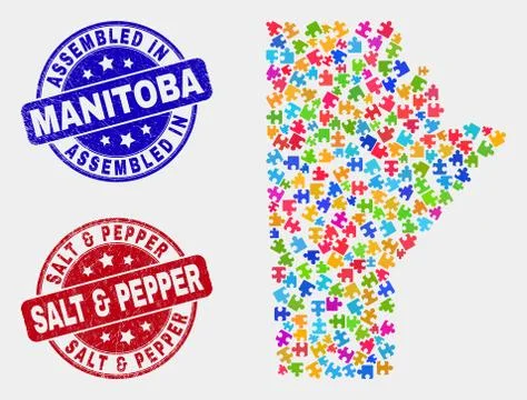 Bundle Manitoba Province Map and Grunge Assembled and Salt &amp; Pepper Stamp Seals Stock Illustration