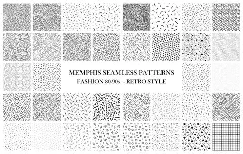 Bundle of Memphis seamless patterns. Fashion 80-90s. Black and white textures Stock Illustration