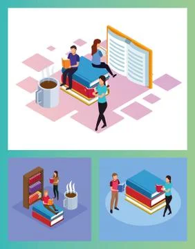 Bundle of mini people reading electronics books scenes イラスト素材