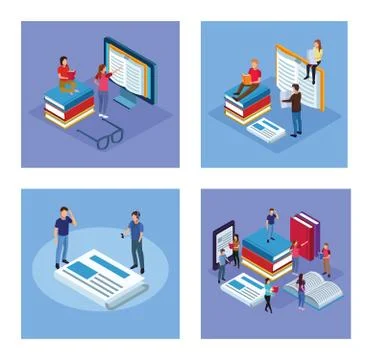 Bundle of mini people reading electronics books scenes イラスト素材