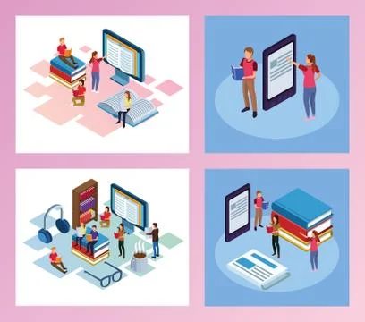 Bundle of mini people reading electronics books scenes 库存插图