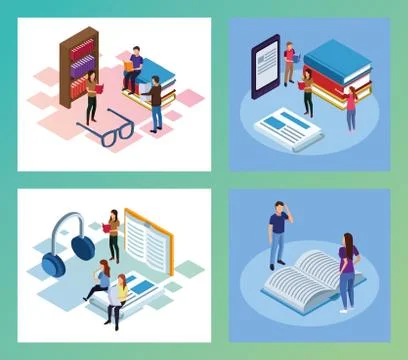 Bundle of mini people reading electronics books scenes イラスト素材