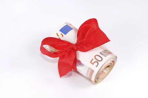 Bundle of money with 50 euro notes appear on a white background. Bundle of money Foto stock