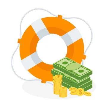 Bundle of money and stack of coins in lifebuoy. Dollars in ring buoy. Stock Illustration
