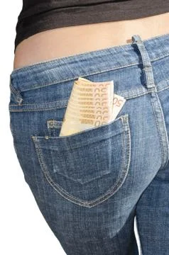 Bundle of money in rear pocket isolate Stockfoto's