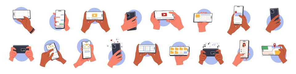 Bundle of multiracial hands holding mobile. People with phone in hands concep Stock Illustration