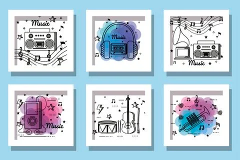 Bundle of music instruments and icons Stock Illustration