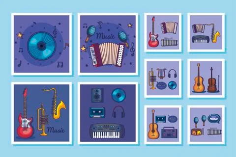 Bundle of music instruments and icons Stock Illustration