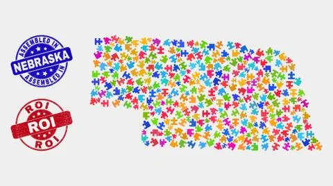 Bundle Nebraska State Map and Distress Assembled and Roi Stamp Seals Stock Illustration