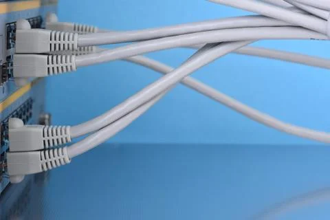 Bundle of network cables connected to switch Stock-Fotos