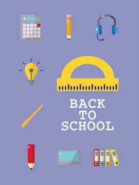 Bundle of nine back to school set icons and lettering Illustrazione stock