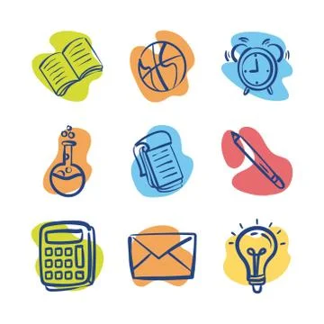 Bundle of nine back to school supplies Stock Illustration