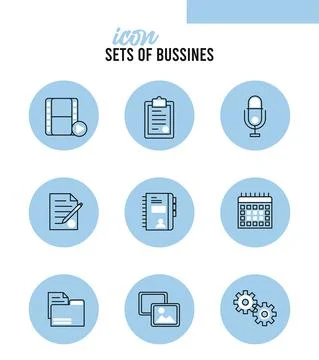 Bundle of nine business techno set icons and lettering Stock Illustration