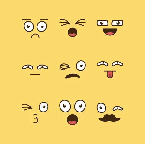Bundle of nine cartoon faces emoticons in yellow background Stock Illustration