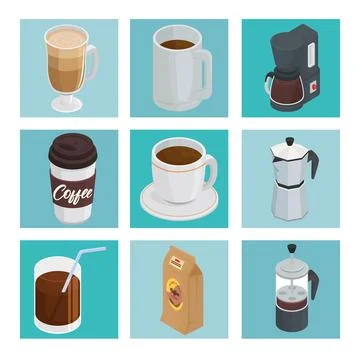 Bundle of nine coffee drinks set icons Stock Illustration