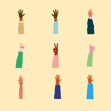 Bundle of nine diversity hands humans up Stock Illustration