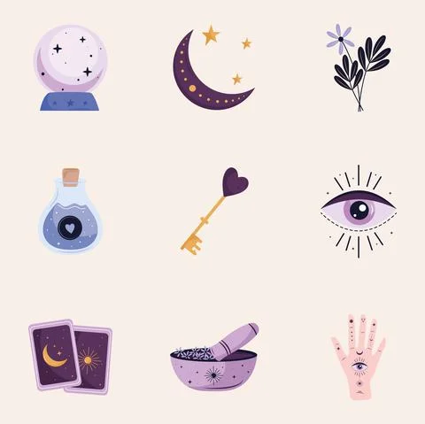 Bundle of nine esoteric art set icons Stock Illustration