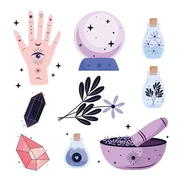 Bundle of nine esoteric art set icons in white background Stock Illustration