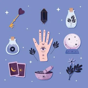 Bundle of nine esoteric art set icons in blue background Stock Illustration