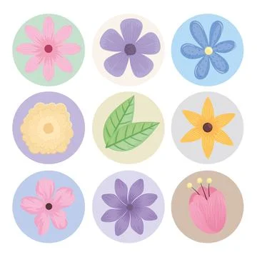 Bundle of nine flowers spring season icons Stock Illustration