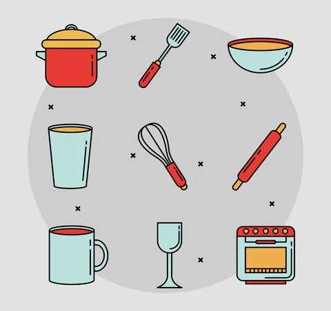 Bundle of nine kitchen utensils set icons Stock Illustration