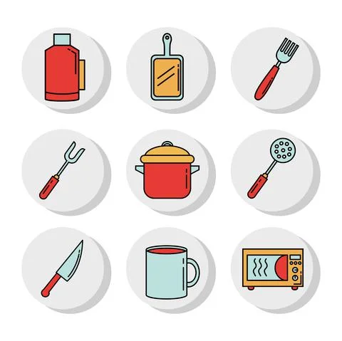 Bundle of nine kitchen utensils set icons Stock Illustration