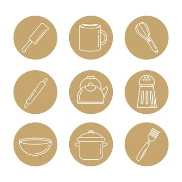 Bundle of nine kitchen utensils set icons 스톡 일러스트