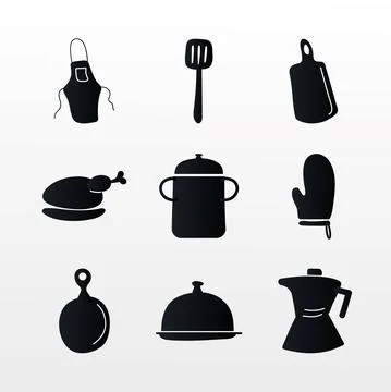 Bundle of nine kitchen utensils set icons Stock Illustration