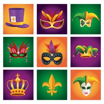 Bundle of nine mardi gras carnival celebration set icons 스톡 일러스트