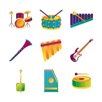 Bundle of nine musical instruments set icons Stock Illustration