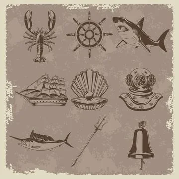 Bundle of nine nautical elements set icons in vintage paper background Stock Illustration