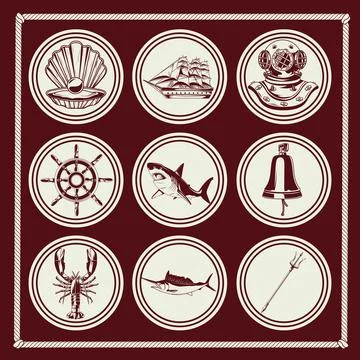 Bundle of nine nautical elements set icons Stockillustratie