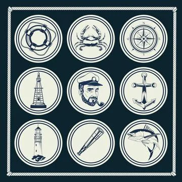 Bundle of nine nautical gray elements set icons Stockillustratie