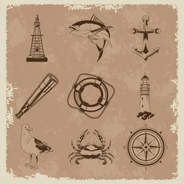 Bundle of nine nautical gray elements set icons in vintage background Stockillustratie