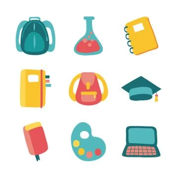 Bundle of nine school supplies flat style icons 库存插图