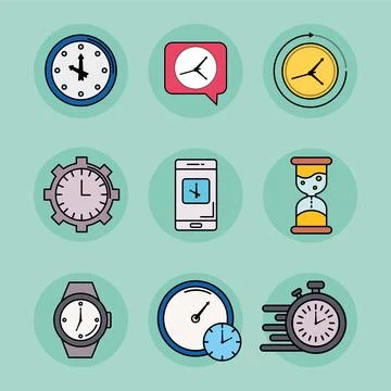 Bundle of nine time set line and fill style icons Stock Illustration
