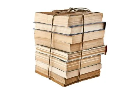Bundle of old books tied up with string. Isolated on white background Stock Photos