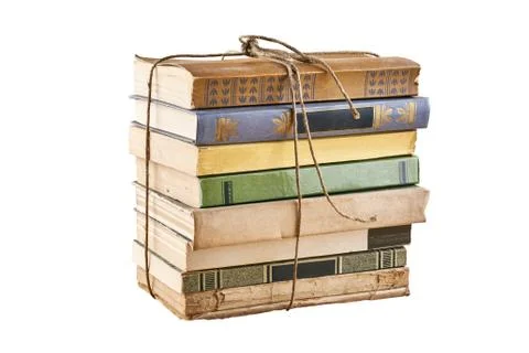 Bundle of old books tied up with string. Isolated on white background Stock Photos