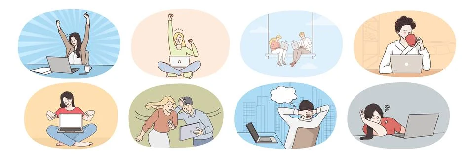 Bundle of people use computer working online 库存插图