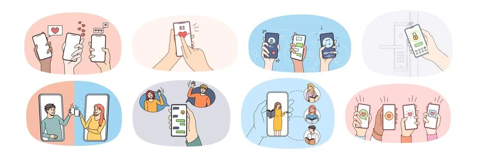 Bundle of people use smartphones communicate online Stock Illustration