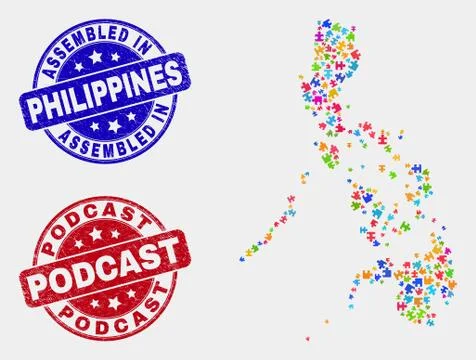 Bundle Philippines Map and Distress Assembled and Podcast Stamp Seals Stock Illustration