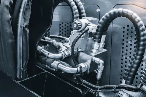 Bundle of pipes connected to industrial hydraulic pneumatic machine, tech ind Stock Photos
